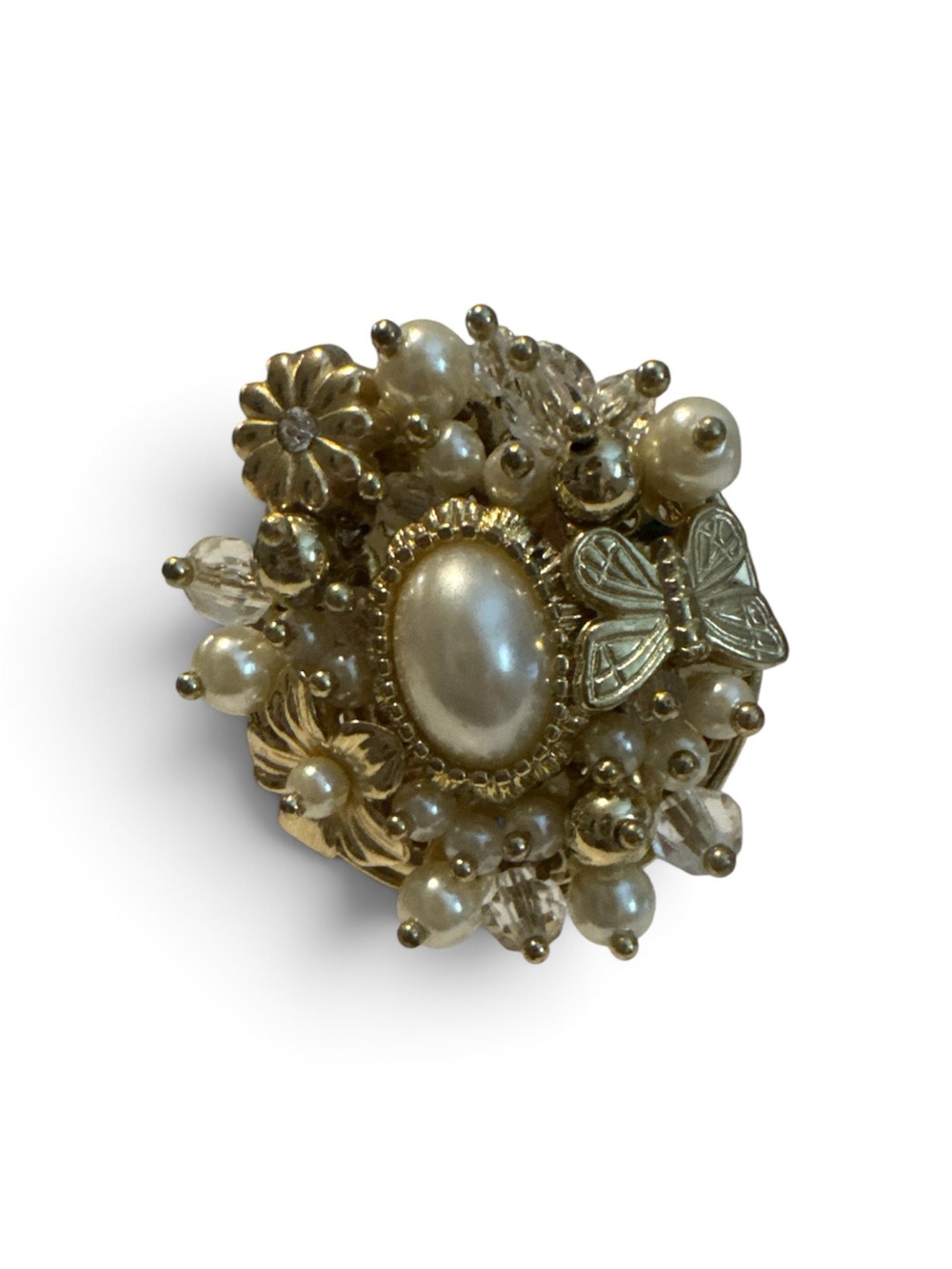 Gold-Tone Pearl Cluster Ring with Butterfly Accent